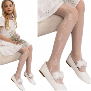 Rajstopy Dziecięce Białe dziewczęce KOMUNIJNE w kwiatki 20DEN