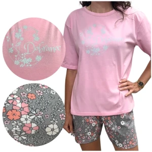 Piżama damska bawełniana krótki rękaw lekka jasny róż kwiaty