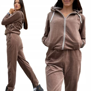 Dres welurowy damski rozpinany z kapturem ciepły wygodny BEŻOWY PL Adi