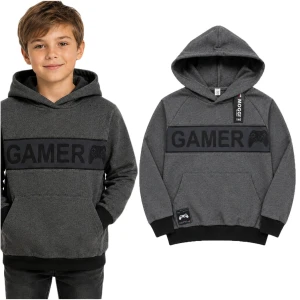 Chłopięca bluza z kapturem kangurek nierozpinana szara Moggi GAMER
