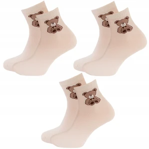 3x Stopki sportowe 3/4 beżowe z misiem bawełna World of Socks