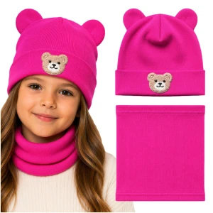 Komplet dziewczęcy czapka beanie i komin fuksja uszy misia naszywka MIŚ bawełna 