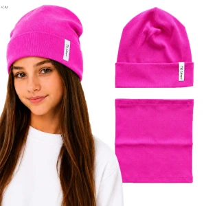 Elegancki komplet dziewczęcy różowa czapka beanie z boczną naszywką TK + komin dwuwarstwowy