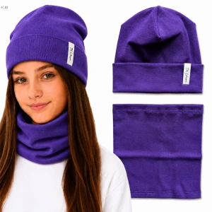 Elegancki komplet dziewczęcy fioletowa czapka beanie z boczną naszywką TK + komin dwuwarstwowy