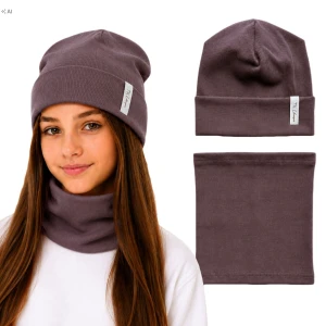 Elegancki komplet dziewczęcy brązowa czapka beanie z boczną naszywką TK + komin dwuwarstwowy