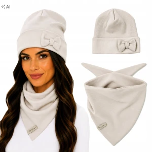 Czapka i Chusta Komplet Damski Bawełniany Jesienny Ecru PL 54 cm