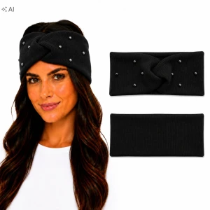 OPASKA NA GŁOWĘ Damska Bawełniana Prążek TURBAN Perły CZARNY UNI