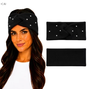 OPASKA NA GŁOWĘ Damska Bawełniana Prążek TURBAN Perły CZARNY UNI