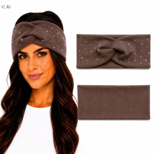 OPASKA NA GŁOWĘ Damska Bawełniana Prążek TURBAN Dżety BRĄZOWA UNI