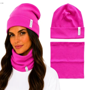 Czapka i Komin Damski Komplet Jesienny podwijany różowy ciemny PL 54 cm