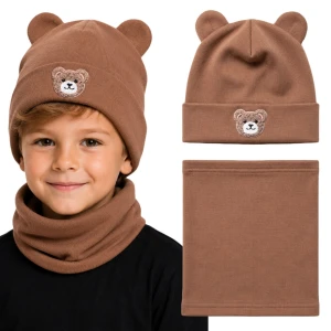 Komplet chłopięcy czapka beanie i komin brąz miś naszywka uszka bawełna na jesień wiosnę 52 cm