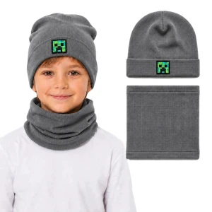 Komplet chłopięcy Creeper Minecraft szara czapka beanie podwijana + komin TK 54 cm