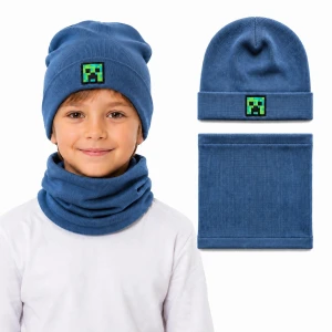 Komplet chłopięcy Creeper Minecraft jeansowy czapka beanie podwijana + komin TK 54 cm