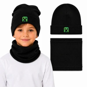 Komplet chłopięcy Creeper Minecraft czarny czapka beanie podwijana + komin TK 54 cm