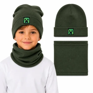 Komplet chłopięcy Creeper Minecraft khaki czapka beanie podwijana + komin TK 56 cm