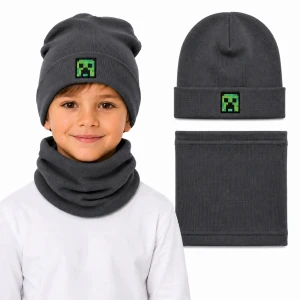 Komplet chłopięcy Creeper Minecraft grafit czapka beanie podwijana + komin TK 54 cm