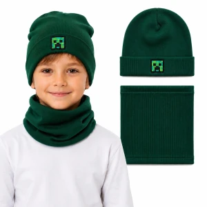 Komplet chłopięcy Creeper Minecraft b. zieleń czapka beanie podwijana + komin TK 54 cm