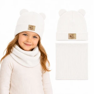 Biały komplet dziewczęcy beanie czapka z uszami + komin naszywka myszka Minnie TK PL 46 cm