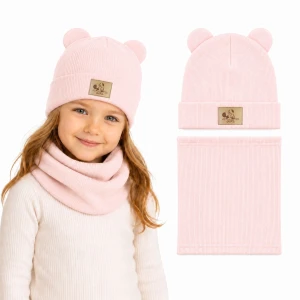 Różowy komplet dziewczęcy beanie czapka z uszami + komin naszywka myszka Minnie TK PL 50 cm