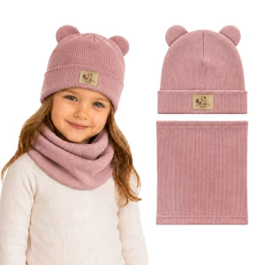 Różowy komplet dziewczęcy beanie czapka z uszami + komin naszywka myszka Minnie TK PL 48 cm