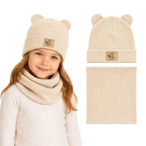 Beżowy komplet dziewczęcy beanie czapka z uszami + komin naszywka myszka Minnie TK PL 46 cm