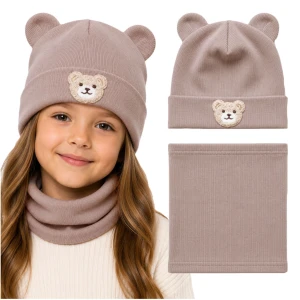 Komplet dziewczęcy czapka beanie i komin brąz uszy misia naszywka MIŚ bawełna 46 cm