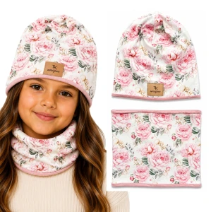 Czapka i Komin Dziecięcy Komplet Bawełniany Jesienny KWIATY róż TK 52 cm