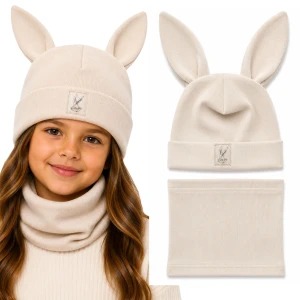 Komplet dziewczęcy czapka + komin BEŻ uszy króliczka bawełna jesień wiosna 46 cm