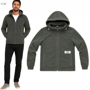 Bluza Polarowa Męska Ciepły Polar Rozpinany KHAKI Kaptur JANA PL