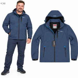  Kurtka Męska Jesienna Softshell z Kapturem Duże Rozmiary Granat