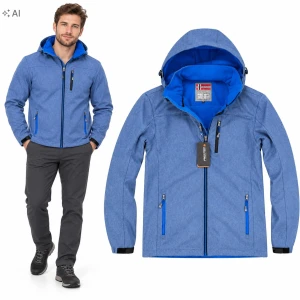 Kurtka Męska Softshell z Polarem Przejściowa Jesienna Kaptur Niebieska