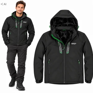 Męska Kurtka Zimowa Softshell z Misiem Ciepła Ocieplana Kaptur Czarna