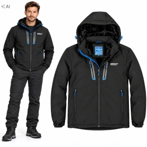 Męska Kurtka Zimowa Softshell z Misiem Ciepła Ocieplana Kaptur Czarna