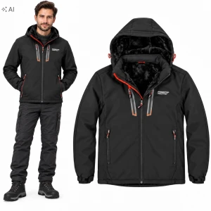 Męska Kurtka Zimowa Softshell z Misiem Ciepła Ocieplana Kaptur Czarna