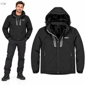 Męska Kurtka Zimowa Softshell z Misiem Ciepła Ocieplana Kaptur Czarna