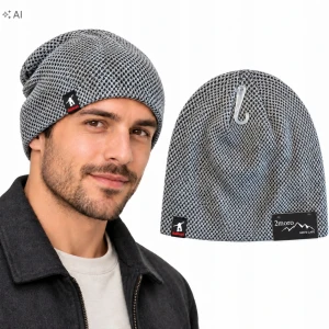 Czapka Zimowa Męska Szara Ciepła Siatka Beanie Ocieplana Sportowa SVR