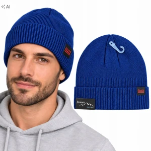 Czapka Zimowa Męska Niebieski Ciepła Naszywka Beanie Ocieplana Sportowa SVR