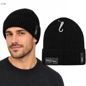 Czapka Zimowa Męska Czarny Ciepła Naszywka Beanie Ocieplana Sportowa SVR