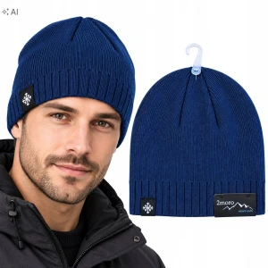 Czapka Zimowa Męska Granat Ciepła Naszywka Beanie Ocieplana Sportowa SVR