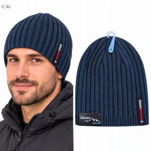 Czapka Zimowa Męska Granat Ciepła Naszywka Beanie Ocieplana Sportowa SVR