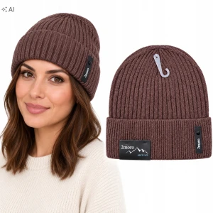 Czapka Zimowa Damska Brązowa Ciepła Beanie Wywijana z Naszywką SVR