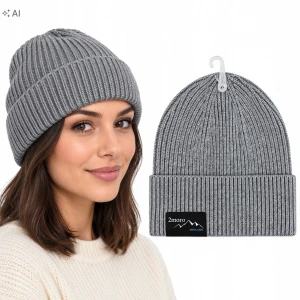 Czapka Zimowa Damska Szary Ciepła Beanie Wywijana Prążek SVR