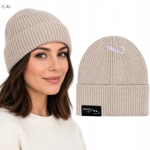 Czapka Zimowa Damska Beżowy Ciepła Beanie Wywijana Prążek SVR
