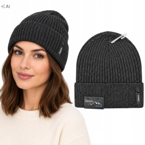 Czapka Zimowa Damska Grafit Ciepła Beanie Wywijana z Naszywką SVR