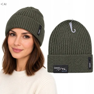 Czapka Zimowa Damska Khaki Ciepła Beanie Wywijana z Naszywką SVR