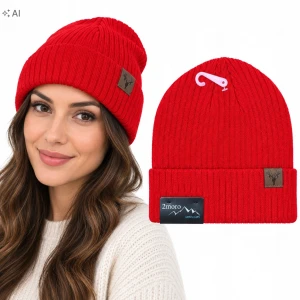 Czapka Zimowa Damska Czerwony Ciepła Beanie Wywijana z Naszywką SVR