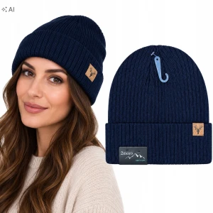 Czapka Zimowa Damska Granatowa Ciepła Beanie Wywijana z Naszywką SVR