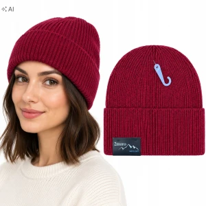 Czapka Zimowa Damska Bordowy Ciepła Beanie Wywijana Prążek SVR