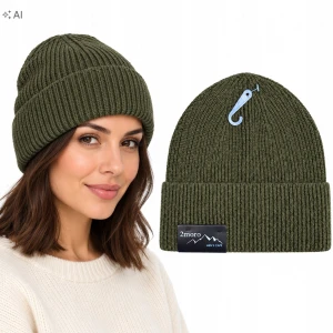 Czapka Zimowa Damska Khaki Ciepła Beanie Wywijana Prążek SVR
