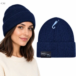 Czapka Zimowa Damska Granatowy Ciepła Beanie Wywijana Prążek SVR